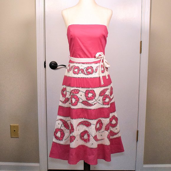 NWT BCBGMAXAZRIA Sequin Rose Dress - Spaghetti Strap Pink & White Striped Size 4 - Picture 1 of 9